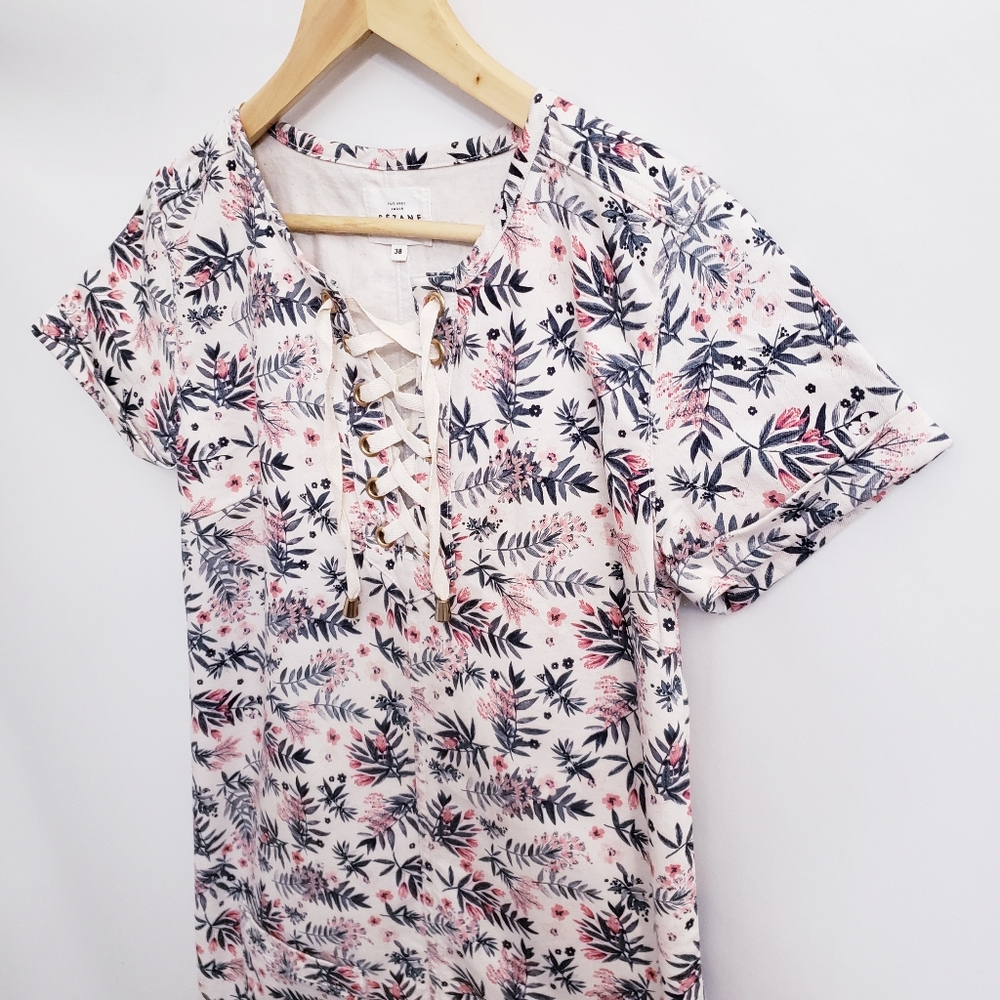 Sezane Giulia Lace Up Trapeze Shift Dress in Printed Flowers, Size 38 - Picture 3 of 10